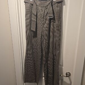 Tan And Blue Plaid Wide-Leg Pants with Belt